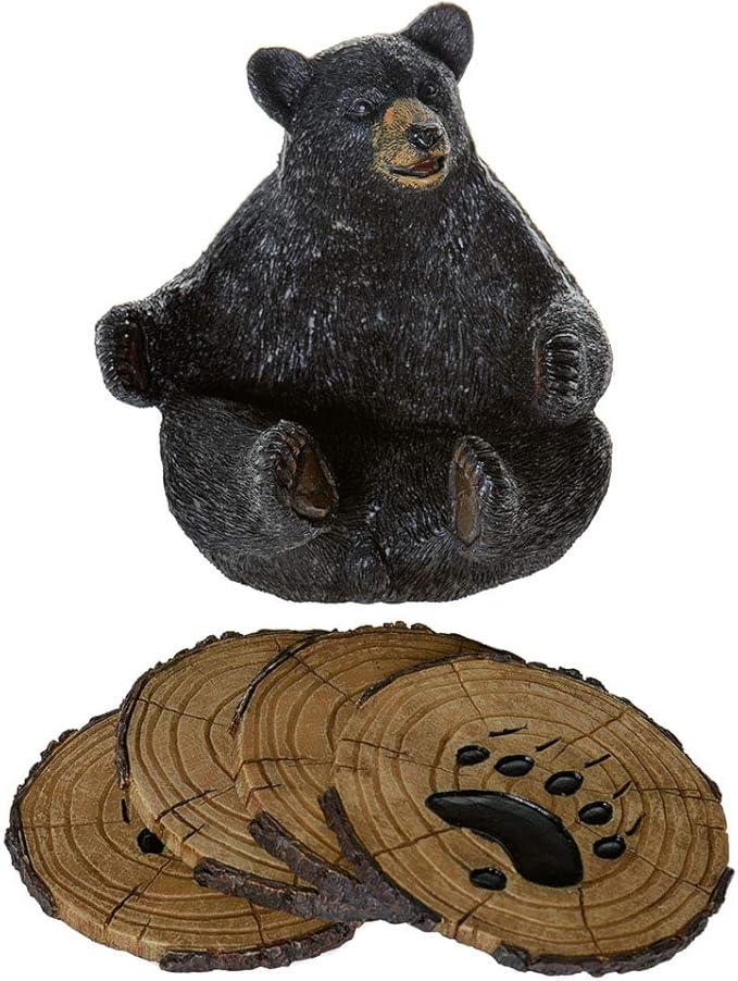 Black Bear Drink Coaster Set of 5 with Rubber Pad Base - Cool Rustic Home Table Beer and Beverage Coaster with Holder