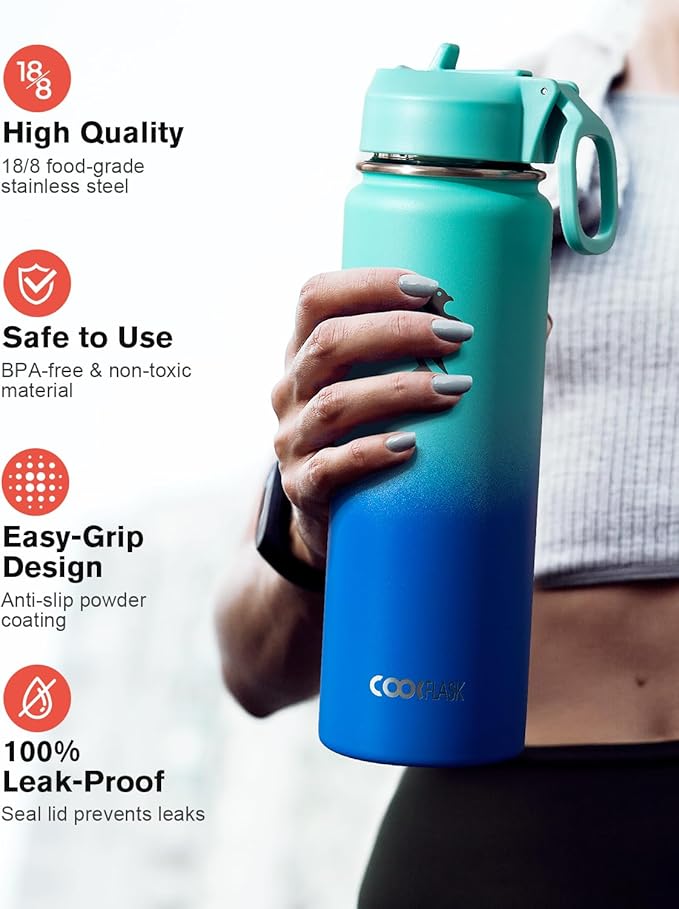 Coolflask Water Bottle 24 oz Insulated with Straw, Stainless Steel Metal 3 Lids Water Flask Wide Mouth for Sports or Office, Non-BPA Keep Cold Up to 48 Hrs or Hot Up to 24 Hrs, Pacific Prince
