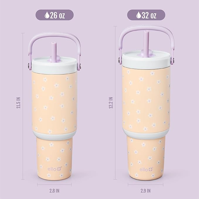 Ello Oasis Go+ 26oz Tumbler with Top Handle and Retracting Straw | Reusable Insulated Stainless Steel Cup, 100% Leakproof Water Bottle, 24 Hours Cold, Cup Holder Friendly For Travel | Daisies