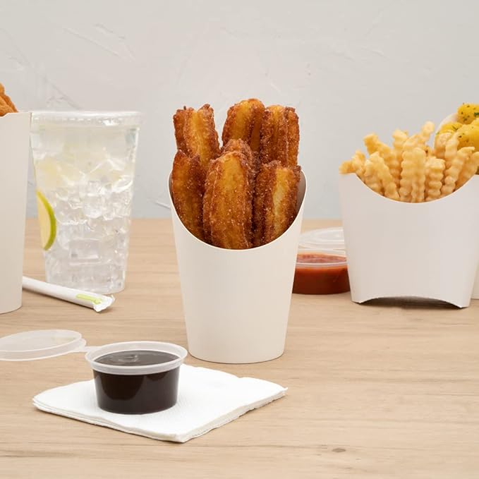 Restaurantware Bio Tek 12 Ounce French Fry Containers 100 Disposable Charcuterie Cups - Incline Design Round White Paper French Fry Cups Stackable For Waffles Chips or Popcorn