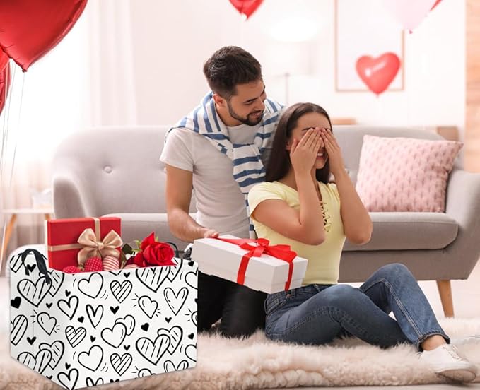 HIYAGON Rectangular Heart Basket Kids Baby Storage Bin Toy Basket Organizer Box for Girls Love Room Decor(Black Striped Heart)