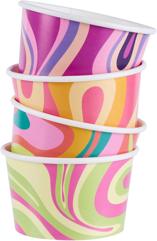 Restaurantware Paper Cups 200 Count 8 Ounce Square Disposable Ice Cream Containers, Leak-Resistant Paper Dessert To Go Cups, Hot And Cold Food, Durable Assorted Groove Swirl Design