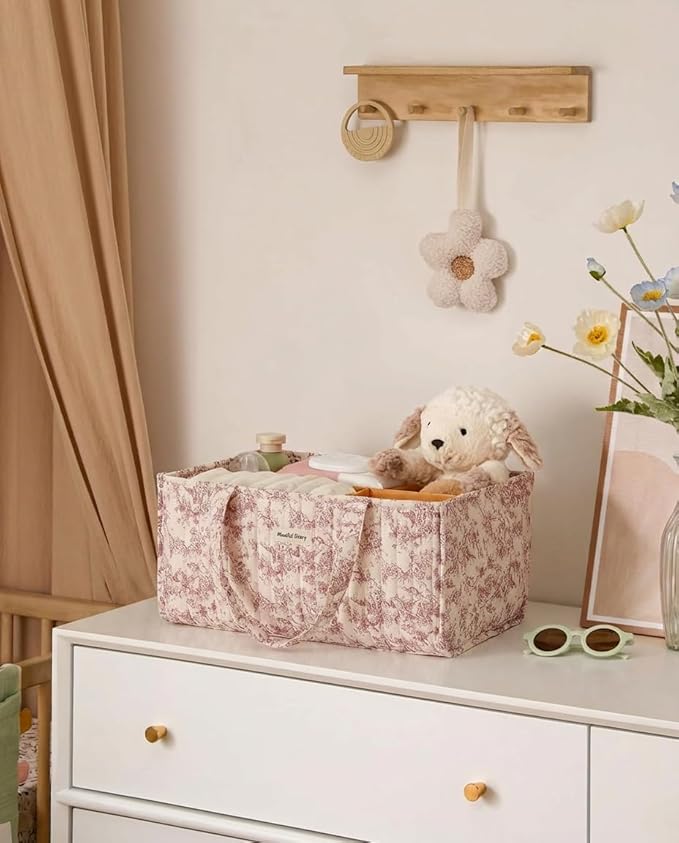 Quilted Fabric Storage Basket Floral Baby Diaper Caddy Quilted Basket Organizer for Newborn Nursery Bedroom Car Storage