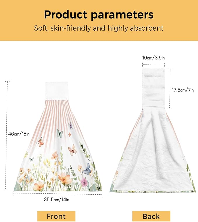 Alandar Home Kitchen Tie Towel Set of 2, Pastoral Floral Leaf Flying Butterfly Absorbent Soft Hand Towels for Bathroom Hanging Towels, Gradient Orange Stripes Fast Drying Cleaning Cloth with Loop