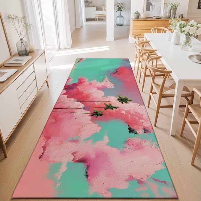 Runner Rug for Bedroom Hallway, Summer Dreamy Pink Cloud Kitchen Runner Rugs Area Rug 2x6ft, Watercolor Tropical Palm Tree Washable Soft Floor Carpet for Entryway Stair