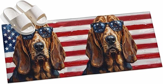 Runner Rug for Bedroom Hallway, Independence Day USA Flag Kitchen Runner Rugs Area Rug 2x6ft, Basset Hound Patriotic Sunglasses Washable Soft Floor Carpet for Entryway Stair