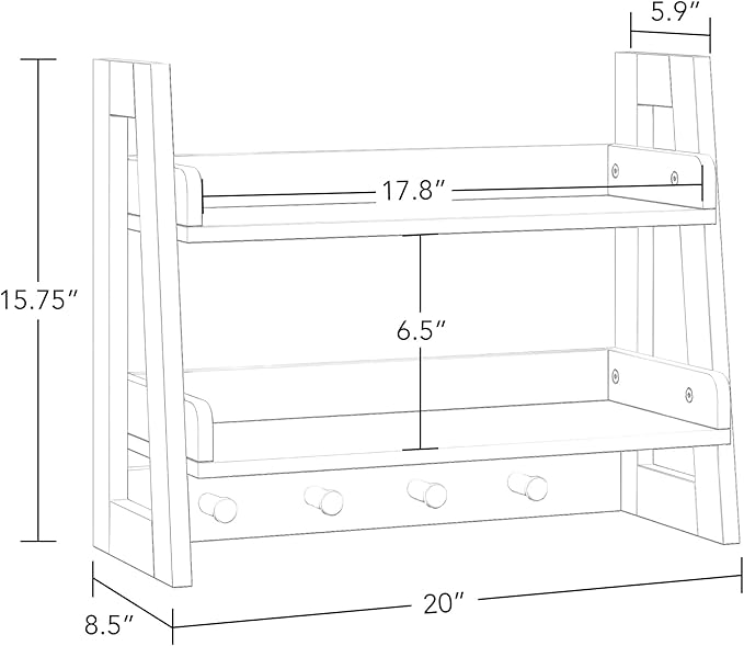 RiverRidge 2-Tier Ladder Shelf with Hooks - Versatile Storage Solution for Bathroom, Entryway, Nursery - White Painted Finish, Open Shelves & 4 Hanging Hooks – Easy Assembly Ladder Shelves