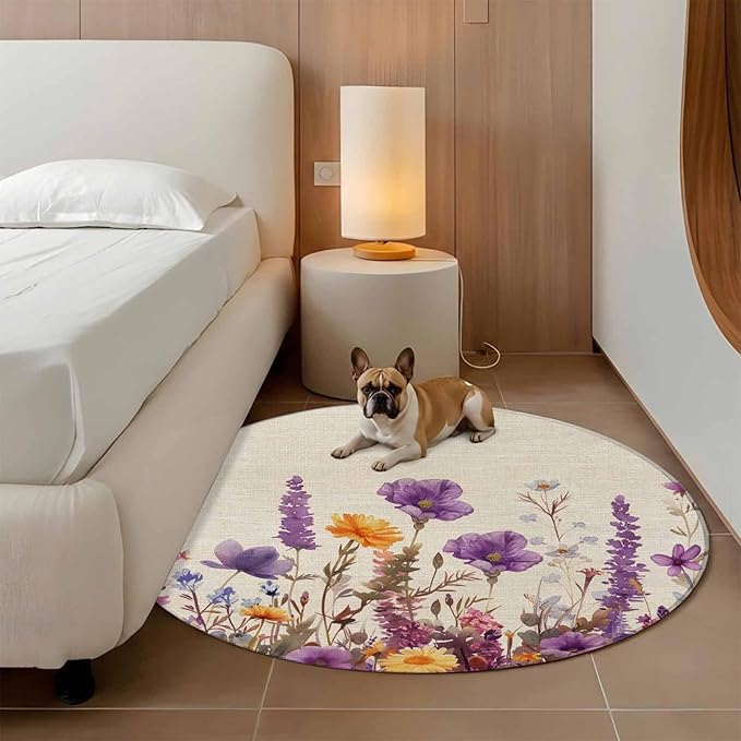 Washable Round Area Rug Country Flower Purple Lavender Plant Circle Rugs Floor Carpet for Living Room Bedroom, Retro Linen Soft Non Slip Round Rug 5ft