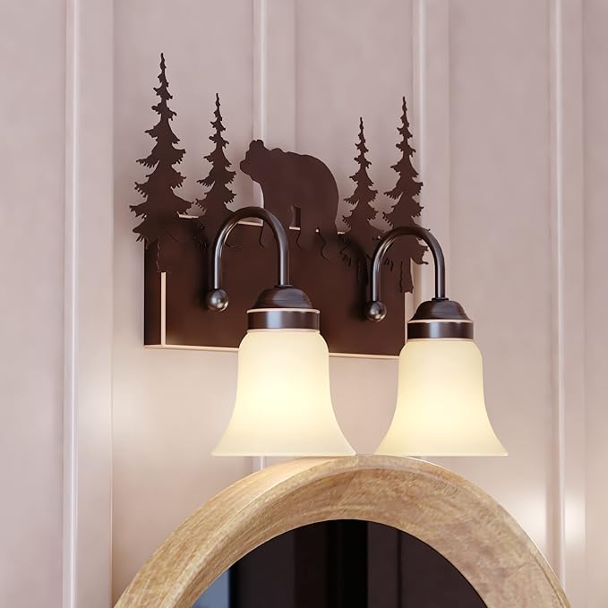 VAXCEL Bozeman 2-Light 16.75 inch Wide Burnished Bronze Rustic Cabin Bathroom Vanity Lighting Fixture, Amber Flake Glass Shade, Bear and Trees, Dimmable, LED Compatible, Over the Mirror Wall Mounted