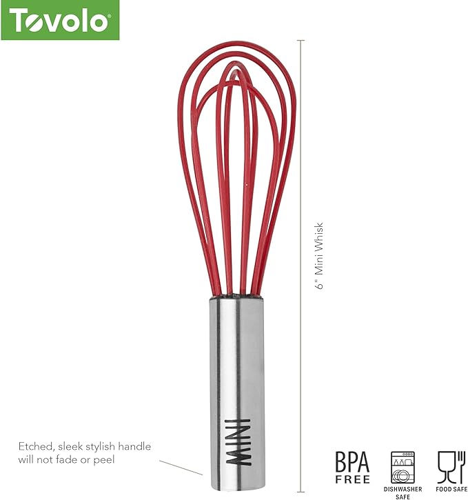 Tovolo Mini Whisk Stainless Steel 6 Inch Tiny Whipper Silicone Whisker for Cooking Blending Mixing Stirring Whisking Egg Beating, Easy Clean Dishwasher Safe Small Kitchen Mini Metal Whisk, Cayenne Red
