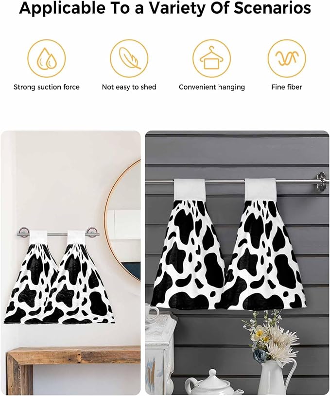 Kitchen Tie Towel Set of 2, Abstract Dairy Cattle Cow Skin Texture Absorbent Soft Hand Towels for Bathroom Hanging Towels, Black and White Animal Print Fast Drying Cleaning Cloth with Loop