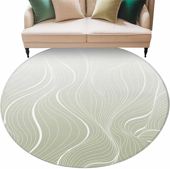 Washable Round Area Rug Sage Green Wavy Gradient Stripes Circle Rugs Floor Carpet for Living Room Bedroom, Geometric Abstract Art Soft Non Slip Round Rug 5ft