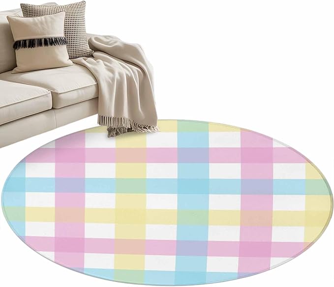 Washable Round Area Rug Spring Easter Colorful Lattice Circle Rugs Floor Carpet for Living Room Bedroom, Minimalist Buffalo Checker Soft Non Slip Round Rug 4ft