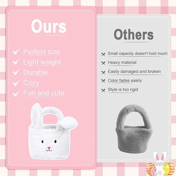 Easter Baskets for Kids,Plush Egg Hunting Easter Buckets with Handle Folded Ears, Gifts Boys Girls