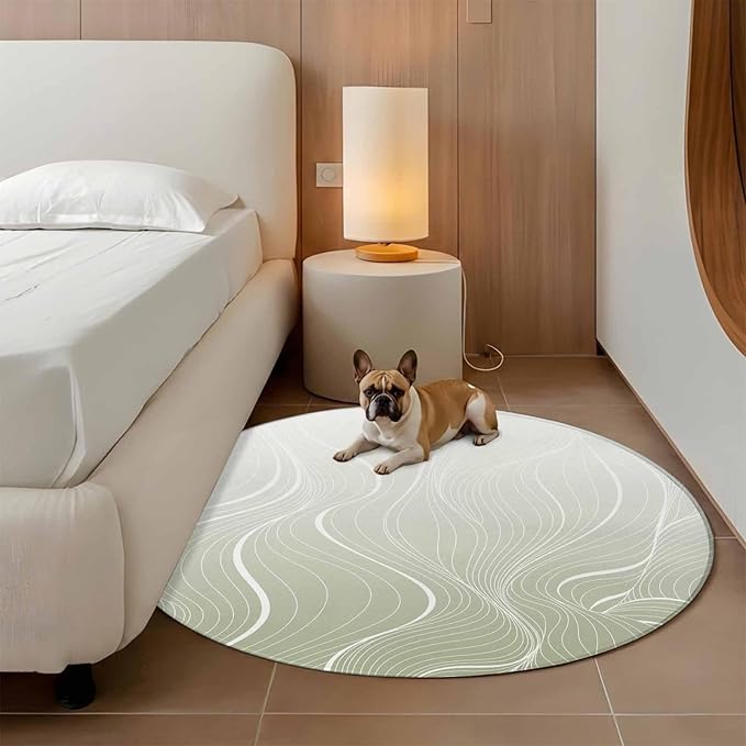 Washable Round Area Rug Sage Green Wavy Gradient Stripes Circle Rugs Floor Carpet for Living Room Bedroom, Geometric Abstract Art Soft Non Slip Round Rug 5ft