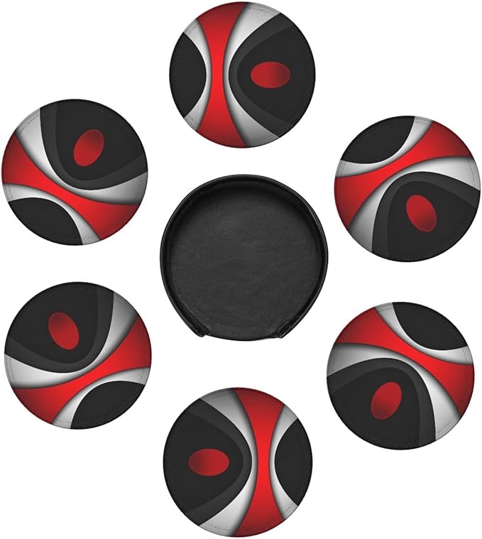 Black in Modern Abstract Red Leather Drinks Coasters with Holder, Set of 6, Suitable for Various Cups