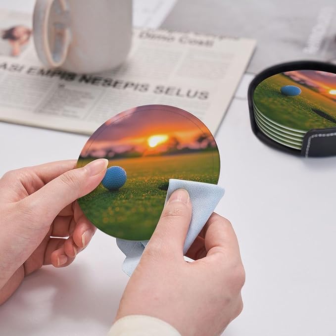 Golfing Golf Leather Drinks Coasters with Holder, Set of 6, Suitable for Various Cups