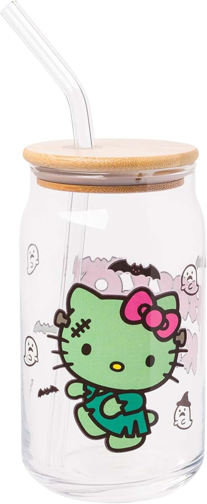 Silver Buffalo Sanrio Hello Kitty Halloween Spooky Frankenstein Glass Jar Tumbler with Bamboo Lid and Glass Straw, 16 ounces