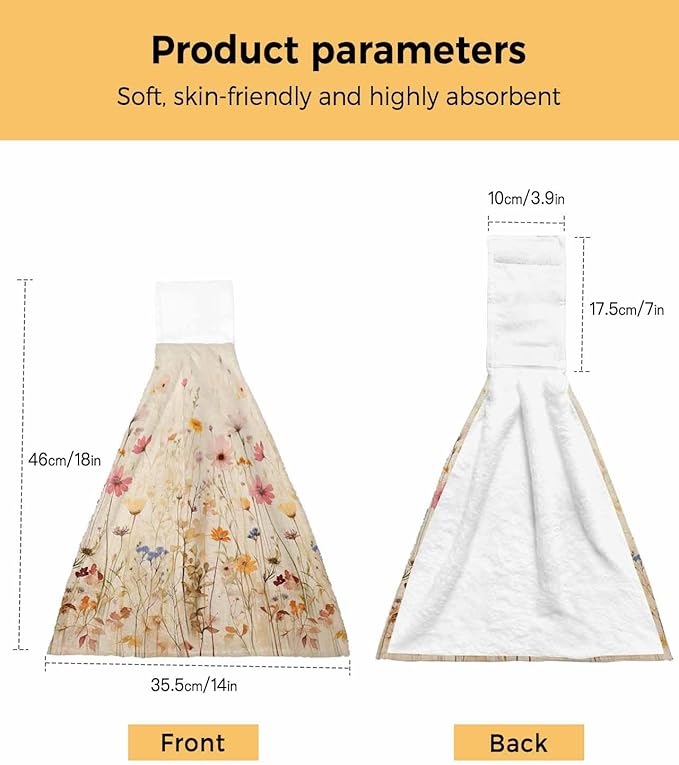 Alandar Home Kitchen Tie Towel Set of 1, Watercolor Natural Flower Art Absorbent Soft Hand Towels for Bathroom Hanging Towels, Retro Floral Leaves on Burlap Fast Drying Cleaning Cloth with Loop