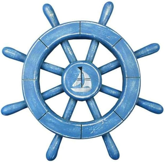 Hampton Nautical Rustic All Ship Wheel with Sailboat Decorative Wall Art Decoration, 12", Light Blue
