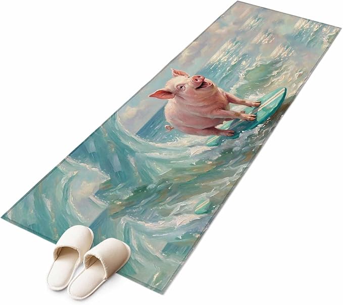 Runner Rug for Bedroom Hallway, Surfing Farm Pink Pig Kitchen Runner Rugs Area Rug 2x6ft, Summer Blue Sea Wave Beach Washable Soft Floor Carpet for Entryway Stair