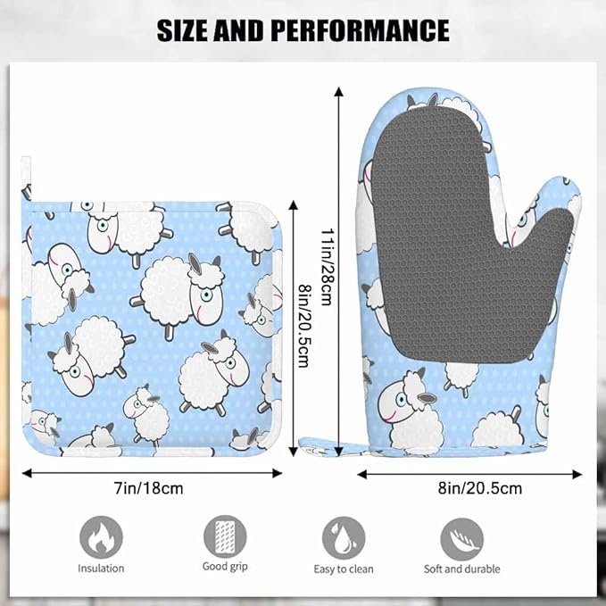 Mxocom Sheep Heat-Resistant Oven Mitts and Pot Holder Cute Animal White Sheep Llama Blue Polka Dots Kitchen Non-Slip Cooking Microwave Gloves for Cooking Baking Grilling