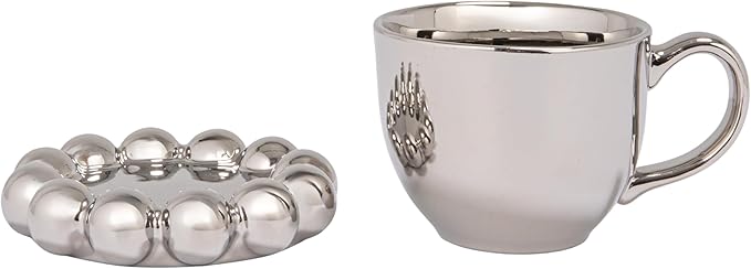Bloomingville 12-Ounce Stoneware Mug with Ball Edge Saucer, Chrome-Finish