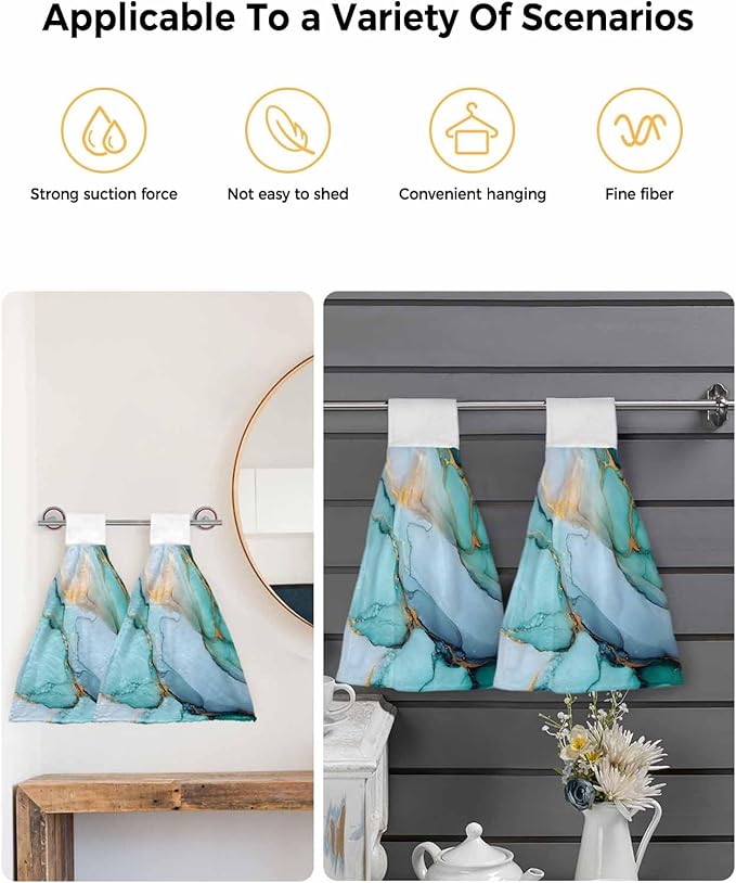 Alandar Home Kitchen Tie Towel Set of 2, Teal Green Turquoise Gold Marble Texture Absorbent Soft Hand Towels for Bathroom Hanging Towels, Abstract Modern Art Fast Drying Cleaning Cloth with Loop
