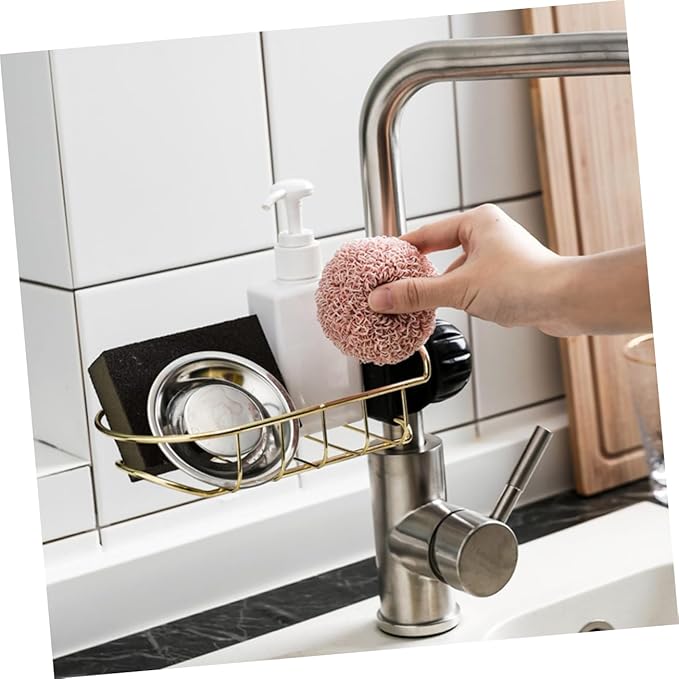 Hemobllo 1Pc Adjustable Sponge Holder for Kitchen Sink Draining Rack Clip Storage Organizer for Dishcloths Easy to Use Removable Fixture Golden Finish