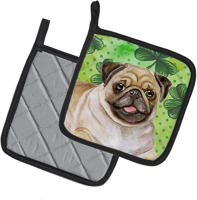 Caroline's Treasures BB9892PTHD Fawn Pug St Patrick's Pair of Pot Holders, Green Kitchen Heat Resistant Pot Holders Sets Oven Hot Pads for Cooking Baking BBQ, 7 1/2 x 7 1/2