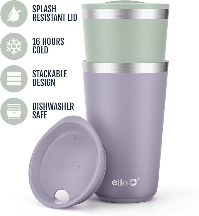 Ello 2 Pack 16oz Stainless Steel Stacking Cups with Easy Press Lids | Pint Size Reusable Tumblers for Parties, Home, Camping, Outdoor | Keeps Cold for 16 Hours, Dishwasher Safe | Soft Plum & Sage