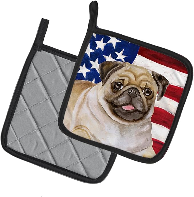 Caroline's Treasures BB9718PTHD Fawn Pug Patriotic Pair of Pot Holders Kitchen Heat Resistant Pot Holders Sets Oven Hot Pads for Cooking Baking BBQ, 7 1/2 x 7 1/2
