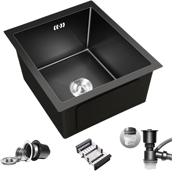 Single Bowl Single Bowl Sink With Drain Basket Stainless Steel Utility Sink Small Space RV Kitchen Sink Versatile Kitchen Essentials Sink Restaurant Tea Room Dishwashing (Black steel 50X43X21.5cm)