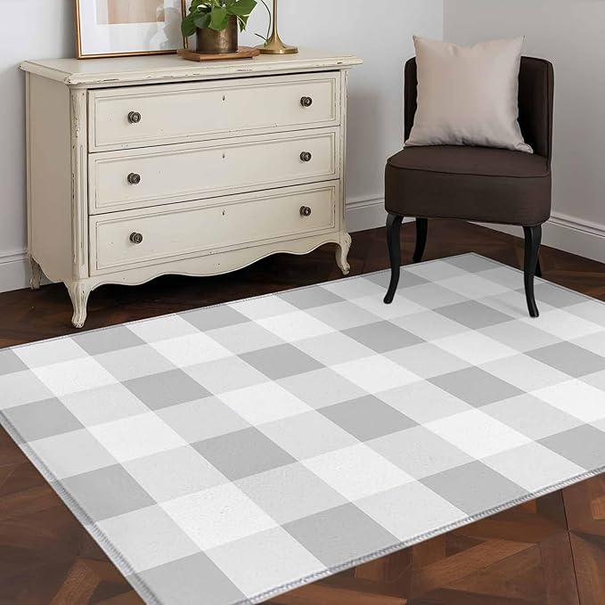 Area Rug 3x5ft, Light Grey White Plaid Washable Rugs for Living Room Bedroom, Farmhouse Decoration Buffalo Check Soft Non-Slip Area Rugs Rectangle Floor Carpet for Dining Room