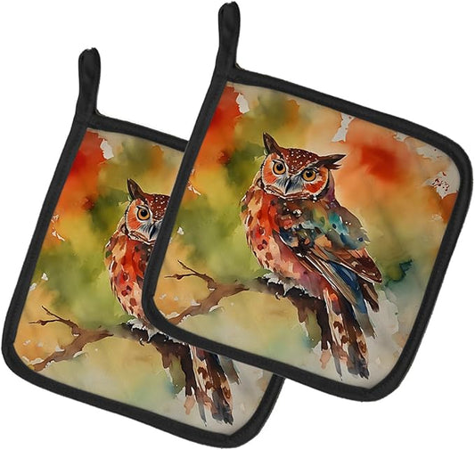 Caroline's Treasures Elf Owl Pair of Pot Holders Kitchen Heat Resistant Pot Holders Sets Oven Hot Pads for Cooking Baking BBQ, 7 1/2 x 7 1/2