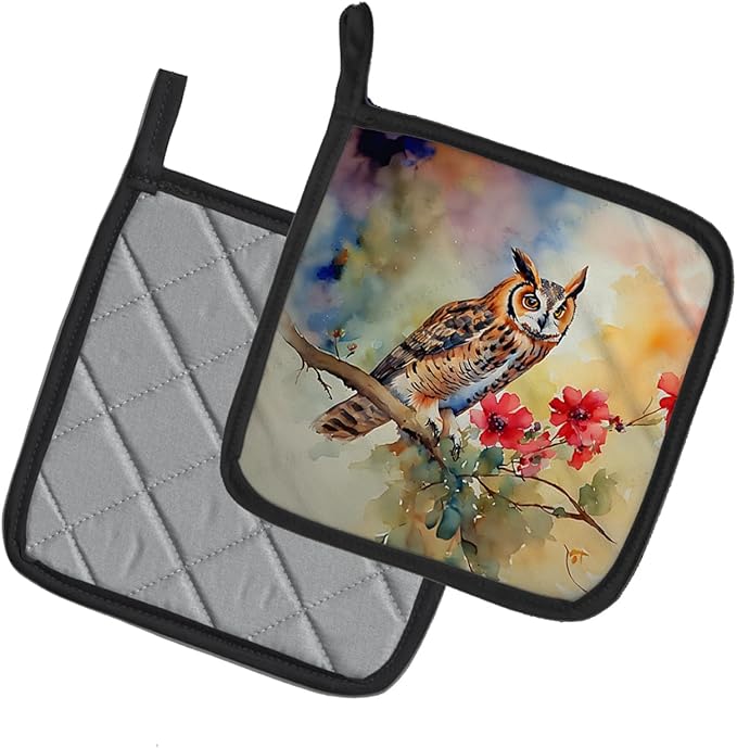 Caroline's Treasures Long-Eared Owl Pair of Pot Holders Kitchen Heat Resistant Pot Holders Sets Oven Hot Pads for Cooking Baking BBQ, 7 1/2 x 7 1/2