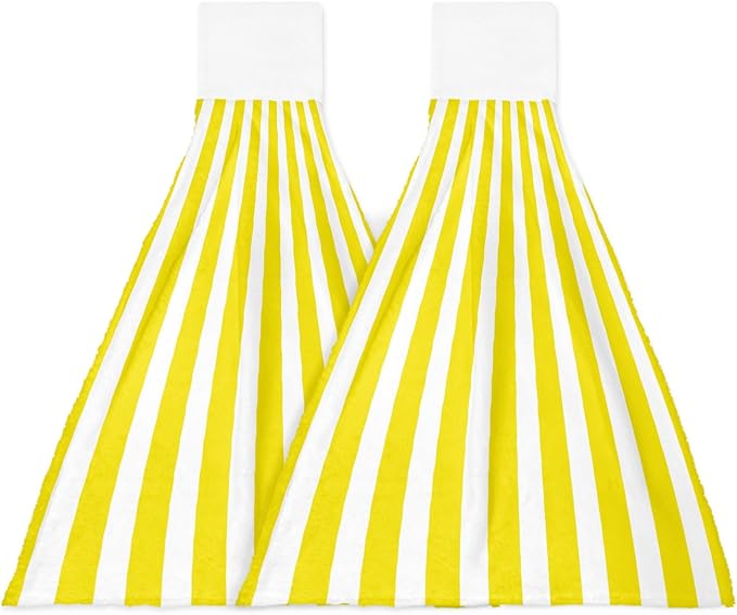 Alandar Home Kitchen Tie Towel Set of 2, Minimalist Modern Yellow White Stripe Absorbent Soft Hand Towels for Bathroom Hanging Towels, Simple Line Texture Fast Drying Cleaning Cloth with Loop