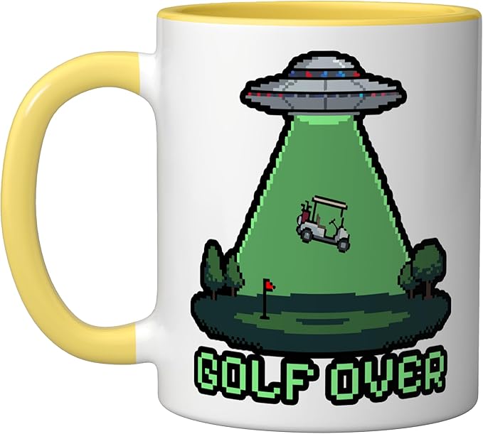 Retro Funny GOLF OVER Pixel Art UFO Abducting Golf-Cart Ceramic Mug, Yellow/White
