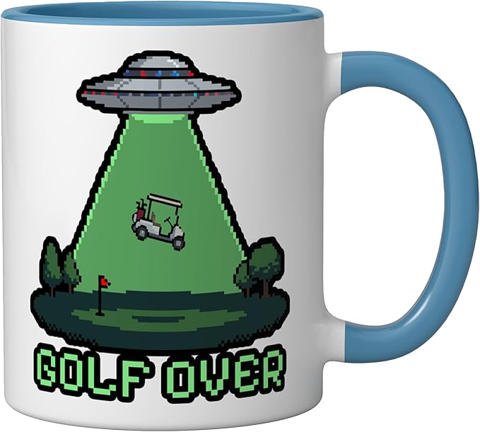 Retro Funny GOLF OVER Pixel Art UFO Abducting Golf-Cart Ceramic Mug, Blue/White