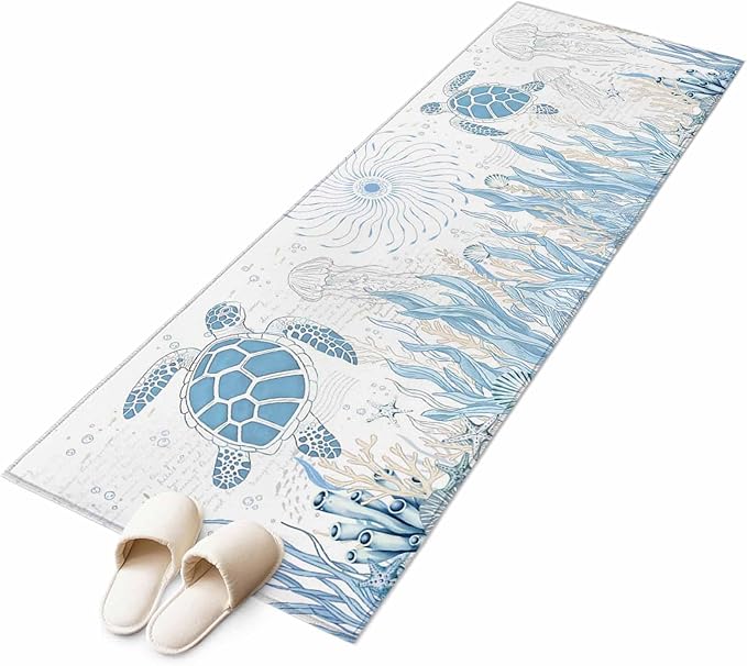 Runner Rug for Bedroom Hallway, Blue Sea Turtles Stars Corals Kitchen Runner Rugs Area Rug 2x6ft, Vintage Marine Life Washable Soft Floor Carpet for Entryway Stair