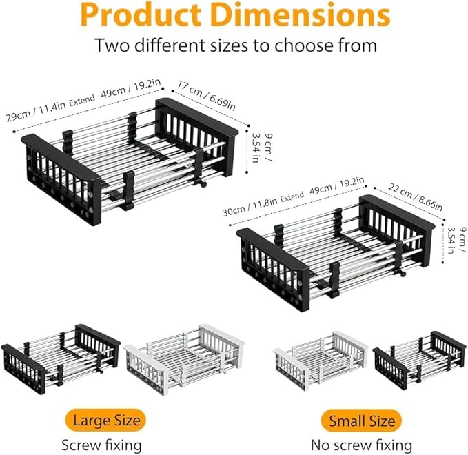 Extend Kitchen Sink Drain Basket, Adjustable Stainless Steel Drying Rack, Extender Basket for Vegetables Fruits and Dishes, Space-Saving Solution for Fruit Vegetable (Black,Small)