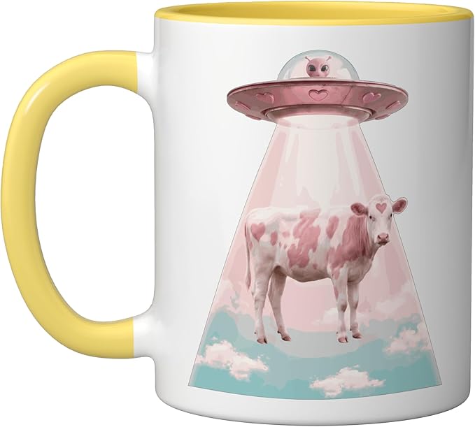 Funy Pink Heart Cow Alien Abduction UFO Space Nerd Ceramic Mug, Yellow/White