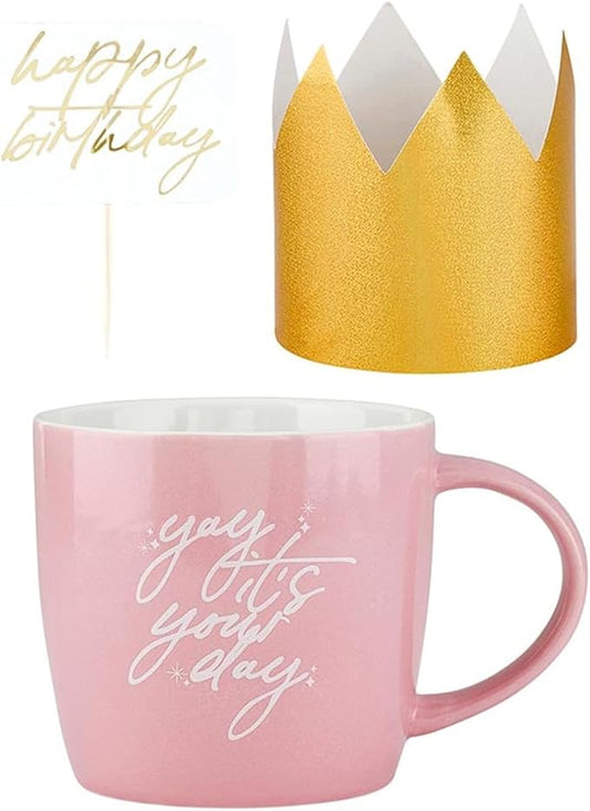 Slant Collections Birthday Gifts Coffee Mug Mini Crown and Cupcake Topper Gift Set, 3-Piece, Yay It's Your Day