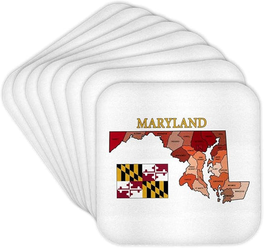 3dRose CST_192453_2 Flag and Map of Maryland with Each County Colored and Labeled Soft Coasters, Set of 8