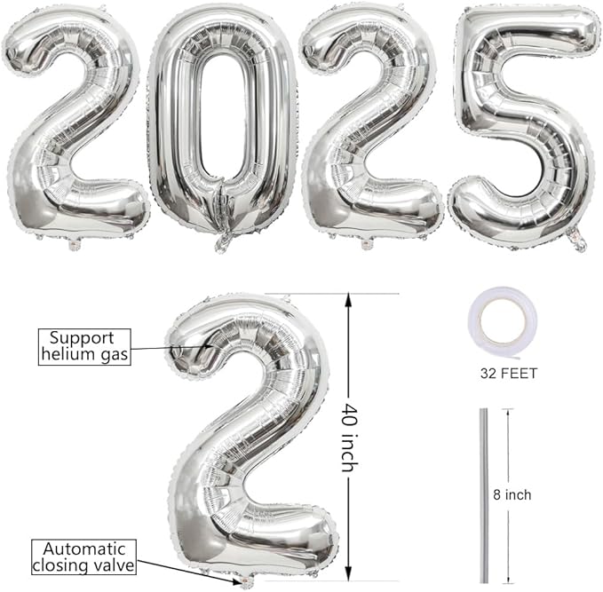 Huge Silver 2025 New Year Balloons 40 Inch 2025 Silver Mylar Foil Helium Number Balloons 2025 Christmas New Year Eve Graduation Party Decorations Supplies