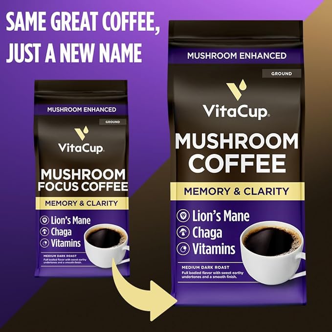 VitaCup Mushroom Coffee Grounds, with Lions Mane, Chaga, B Vitamins, D3, Boost Focus, Immunity, Memory & Clarity, Medium Dark Roast, 100% Arabica Specialty, 20oz, 52 Servings