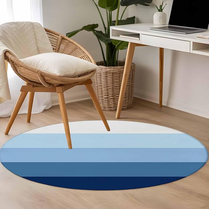 Washable Round Area Rug Minimalist Blue White Ombre Stripe Circle Rugs Floor Carpet for Living Room Bedroom, Modern Gradient Art Soft Non Slip Round Rug 4ft