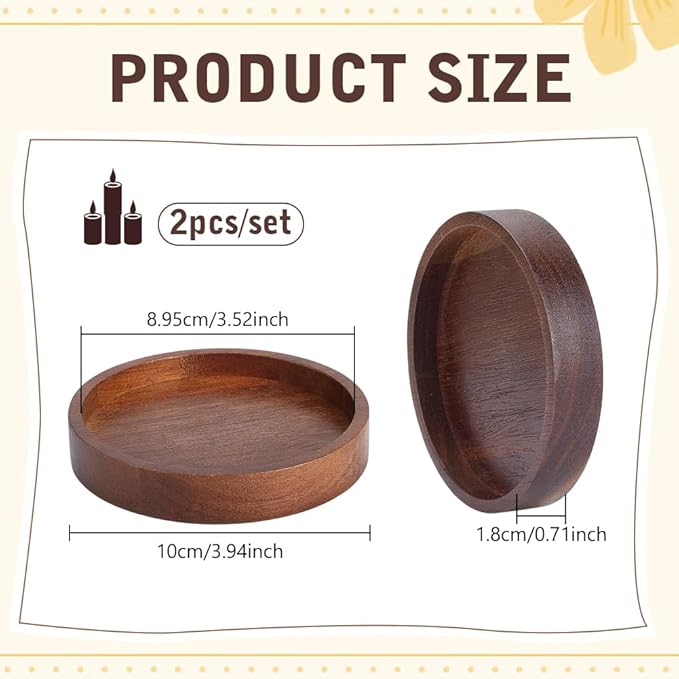 NBEADS 2Pcs Wood Candle Tray, 3.94 inch Acacia Coasters for Candles Flat Round Natural Wood Plant Trays for Home Dining Table Kitchen Accessories Bar Decorative, Coconut Brown