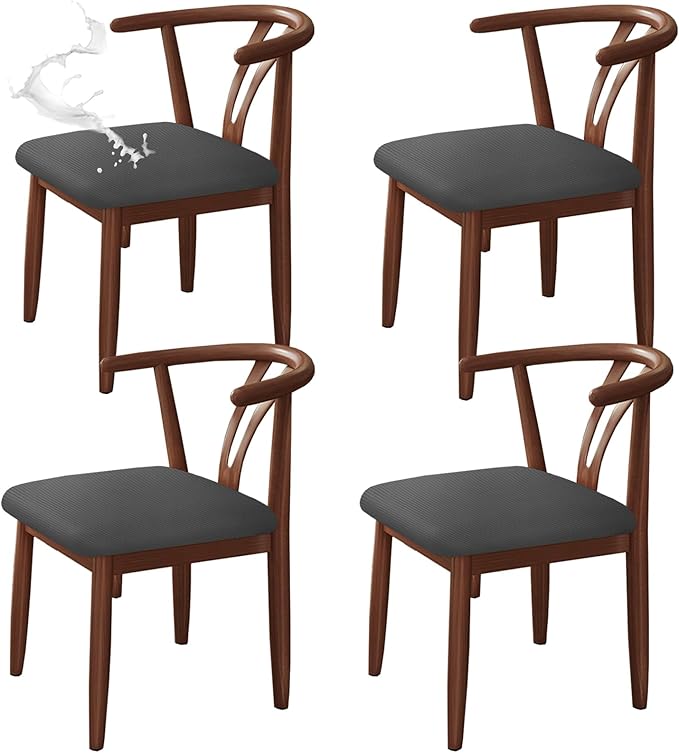Newfashion Waterproof Dining Chair Seat Covers Set of 4, Stretch Dining Room Cushion Slipcovers Non-Slip Elastic Seat Cover for Kitchen Chairs Washable Parson Chair Protectors(Grey-4PCS)