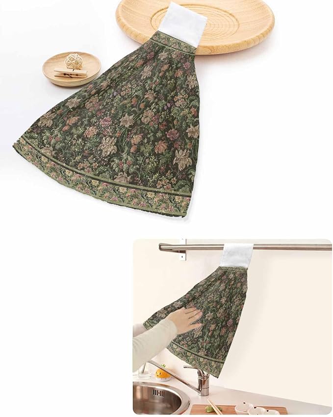 Alandar Home Kitchen Tie Towel Set of 1, Retro Flower Botanical on Green Absorbent Soft Hand Towels for Bathroom Hanging Towels, Vintage Ethnic Style Fast Drying Cleaning Cloth with Loop